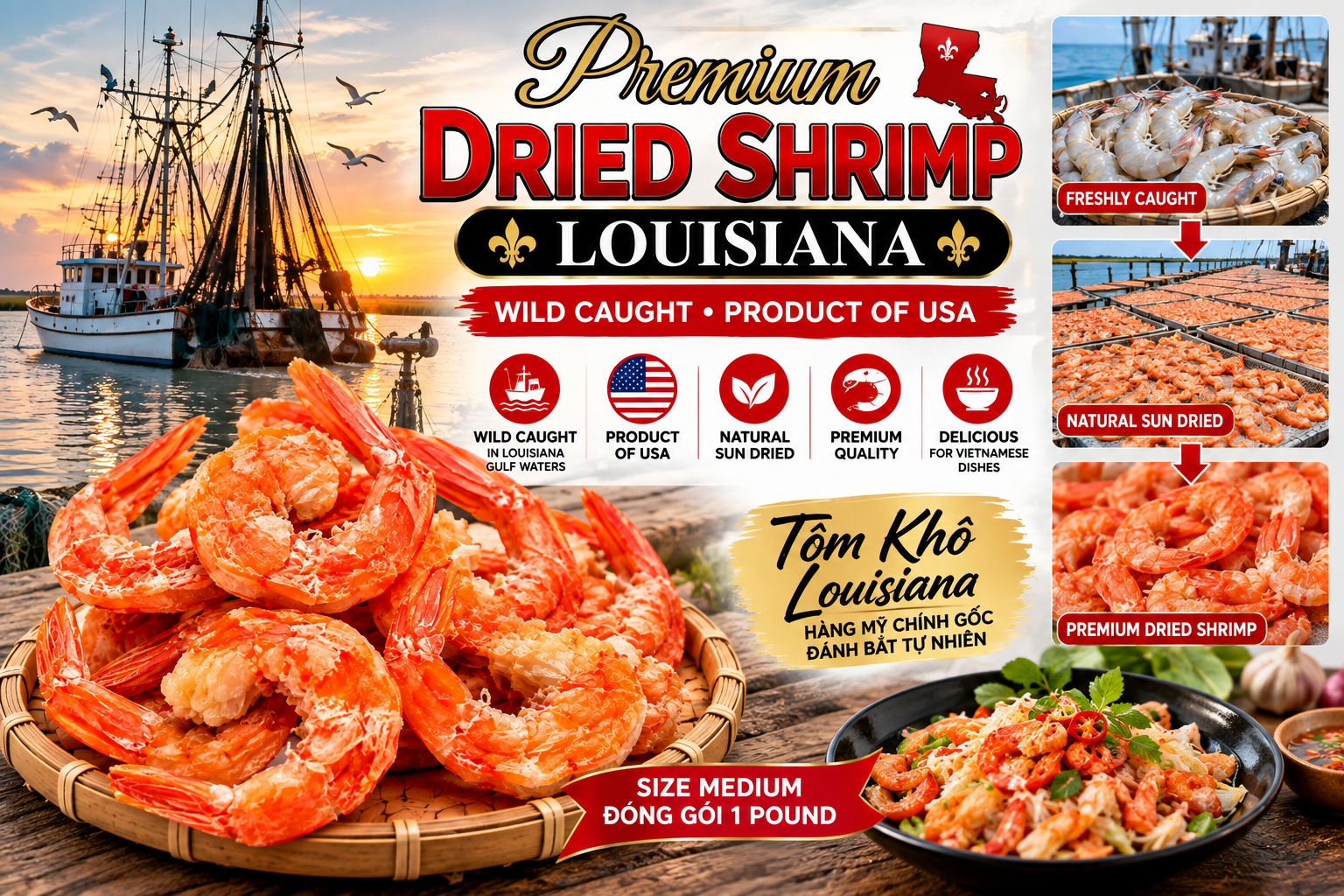 Hình minh họa tôm tươi và tôm khô Louisiana